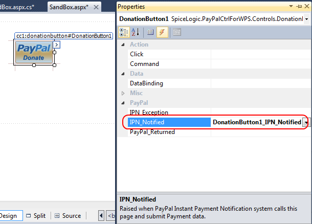 Visual Studio Properties pane Events tab showing the Donation Button's IPN_Notified event bound to DonationButton1_IPN_Notified.