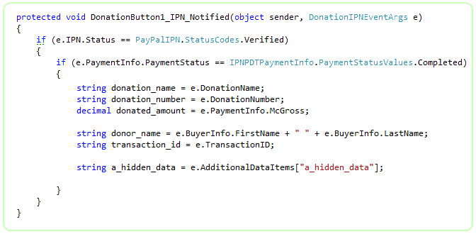 C# IPN_Notified event handler for the Donation Button reading transaction id, gross amount, donor name and donation reference from the strongly-typed event args.