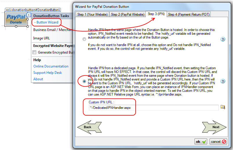 Step 3 (IPN) of the Donation Button Wizard with the dedicated-page option selected and a Custom IPN URL pointing to a dedicated IPN handler page.