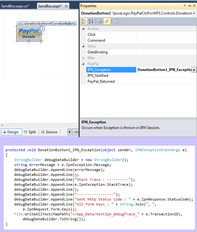 IPN_Exception event handler in C# writing the exception message, stack trace, response status code and form keys to a debug trace file for troubleshooting.