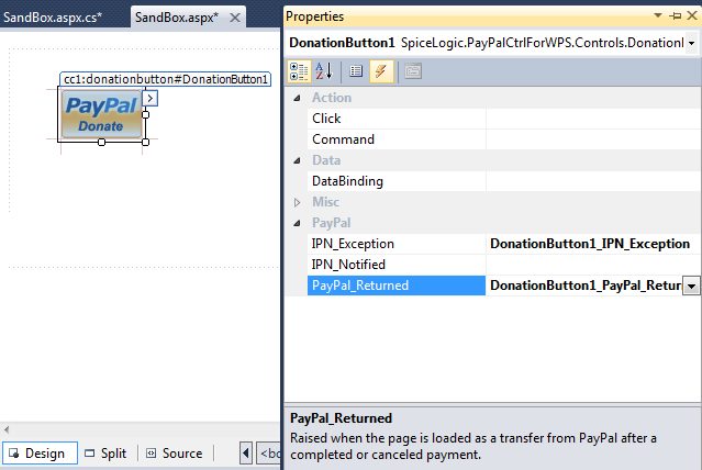 Visual Studio Properties pane Events tab showing the Donation Button's PayPal_Returned event bound to DonationButton1_PayPal_Returned.