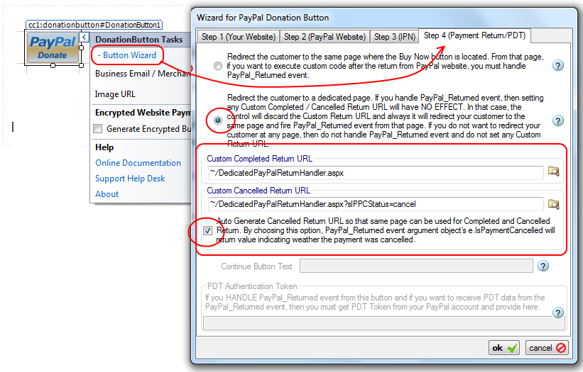 Step 4 (Payment Return/PDT) of the Donation Button Wizard with the dedicated-page option selected, custom Completed and Cancelled Return URLs, and the auto-generate cancelled URL option.