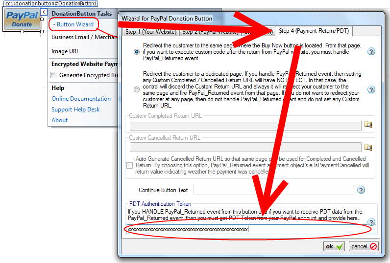 Step 4 of the Donation Button Wizard with arrows highlighting the PDT Authentication Token field, used to retrieve Payment Data Transfer information from PayPal.