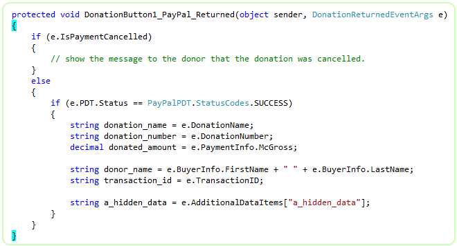 C# PayPal_Returned event handler for the Donation Button that branches on cancellation and reads PDT data (date, transaction id, gross, donor) on success.