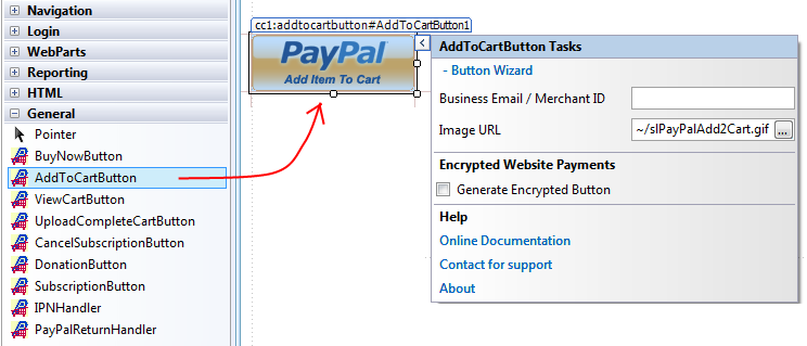 Add to Cart Button dropped onto an ASP.NET Web Form in the Visual Studio designer with the Smart Tag panel open and the PayPal controls toolbox visible on the left.