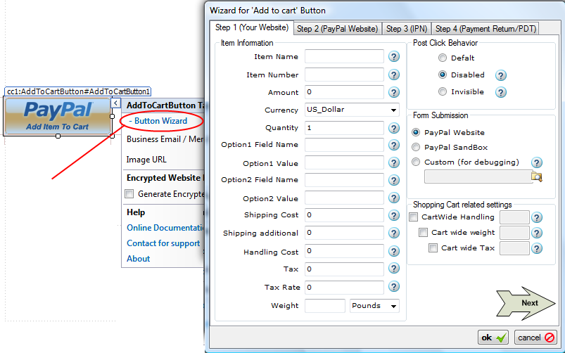 Step 1 (Your Website) of the Add to Cart Button Wizard with sample item name, item number, amount, currency, and shipping/handling fields filled in.