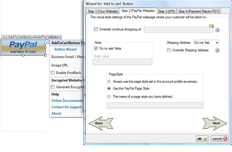 Step 2 (PayPal Website) of the Add to Cart Button Wizard configuring the PayPal-hosted cart page: header image URL, header background and border colors, payflow background, and page-style options.