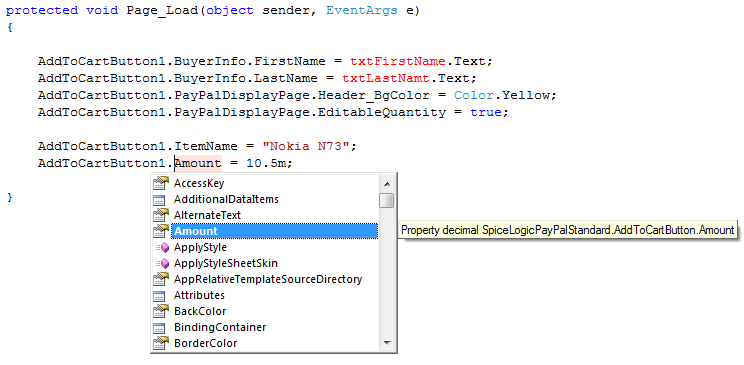C# Page_Load code setting Add to Cart Button properties at runtime (item name, item number, amount, currency, shipping options) with the IntelliSense list visible.