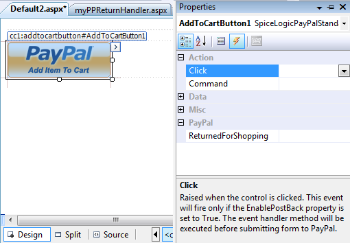 Visual Studio Properties pane Events tab showing the Add to Cart Button's Click event bound to a handler method that runs before the item is uploaded to PayPal.
