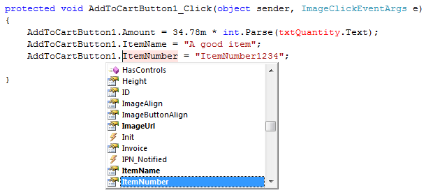 C# Click event handler for the Add to Cart Button calculating Amount from a quantity textbox (US$ 34.78 per copy) before the item is sent to the PayPal-hosted cart.