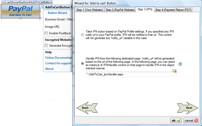 Step 3 (IPN) of the Add to Cart Button Wizard with the dedicated-page option selected and a Custom IPN URL pointing to AddToCart_IpnHandler.aspx.