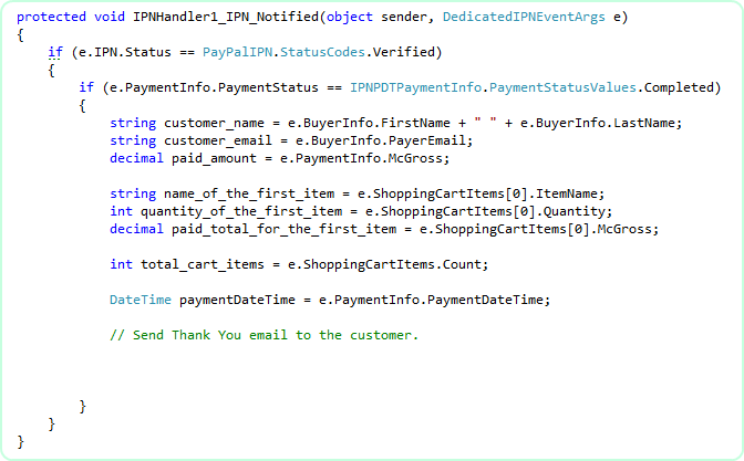 C# IPN_Notified event handler on an IPNHandler component in AddToCart_IpnHandler.aspx reading transaction id, gross amount and item info from the strongly-typed event args.