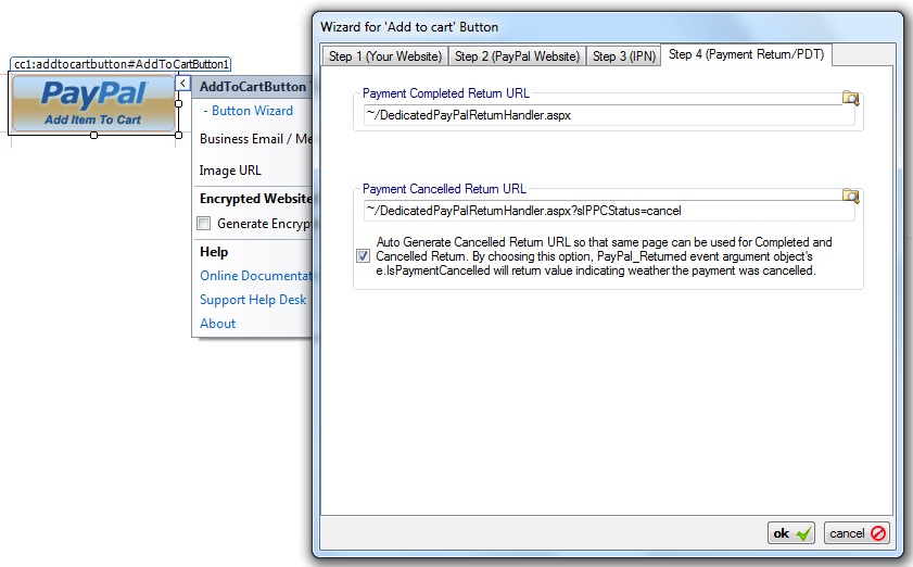 Step 4 (Payment Return/PDT) of the Add to Cart Button Wizard with custom Completed and Cancelled Return URLs and the PDT authentication token field for retrieving Payment Data Transfer information.