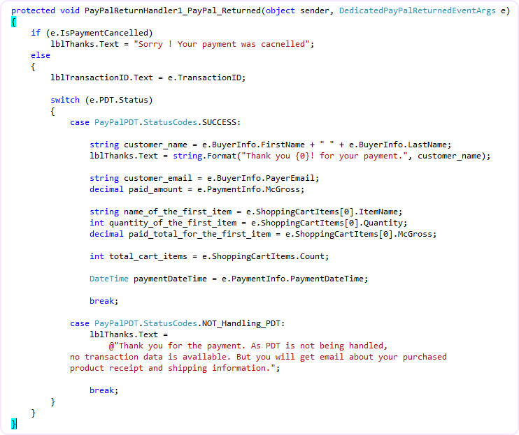 C# PayPal_Returned event handler on a PayPalReturnHandler component reading PDT data (date, transaction id, gross, buyer, item info) on success.