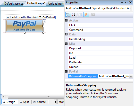 Visual Studio Properties pane Events tab showing the Add to Cart Button's ReturnedForShopping event bound to a handler that runs when the buyer clicks 'Continue Shopping' in the PayPal cart.