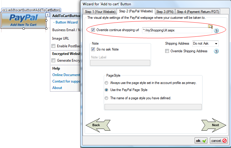 Add to Cart Wizard Step 4 with the Override Continue Shopping URL field filled in; setting this disables the ReturnedForShopping event because the auto-generated URL is no longer used.