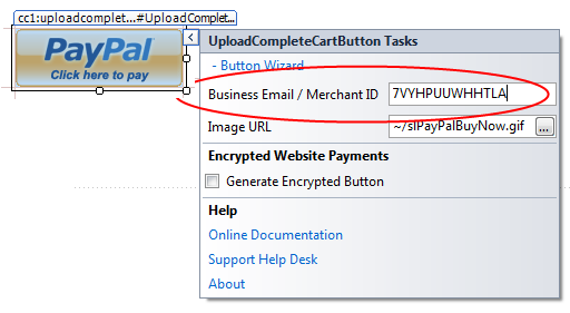Upload Complete Cart Button Smart Tag with the Business Email / Merchant ID field filled with the PayPal merchant account ID.