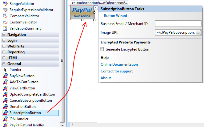 Subscription Button dropped onto an ASP.NET Web Form in the Visual Studio designer with the Smart Tag panel open and the PayPal controls toolbox visible on the left.