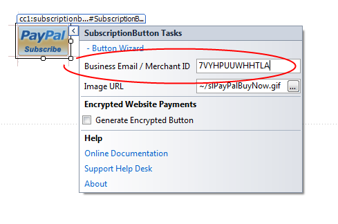 Subscription Button Smart Tag with the Business Email / Merchant ID field filled with the PayPal merchant account ID.