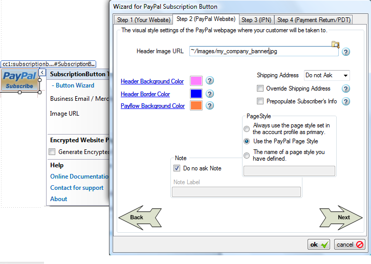 Step 2 (PayPal Website) of the Subscription Button Wizard configuring the PayPal-hosted subscription page: header image URL, header background and border colors, payflow background, and page-style options.