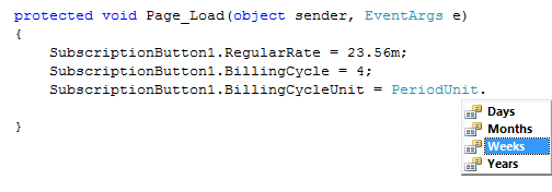 C# Page_Load code setting Subscription Button properties at runtime (subscription name, recurring amount, billing cycle, trial period) with the IntelliSense list visible.