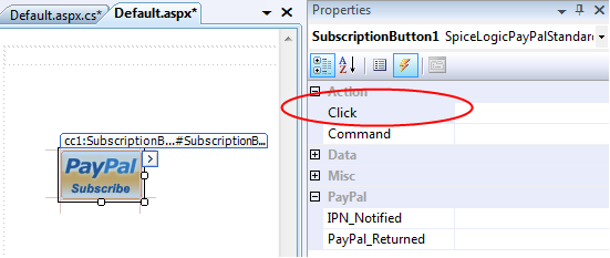Visual Studio Properties pane Events tab showing the Subscription Button's Click event bound to a handler method that runs before the subscription is sent to PayPal.
