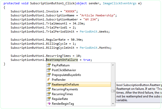 C# Click event handler for the Subscription Button setting subscription properties from user input before the request is sent to PayPal.