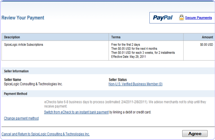 PayPal subscription agreement page in the browser showing recurring billing details (amount, cycle, trial period) and the Agree and Pay button the subscriber clicks to activate the subscription.
