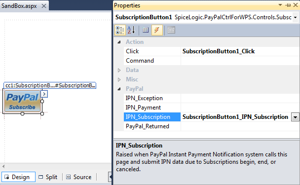 Visual Studio Properties pane Events tab showing the Subscription Button's IPN_Notified event bound to a handler method.