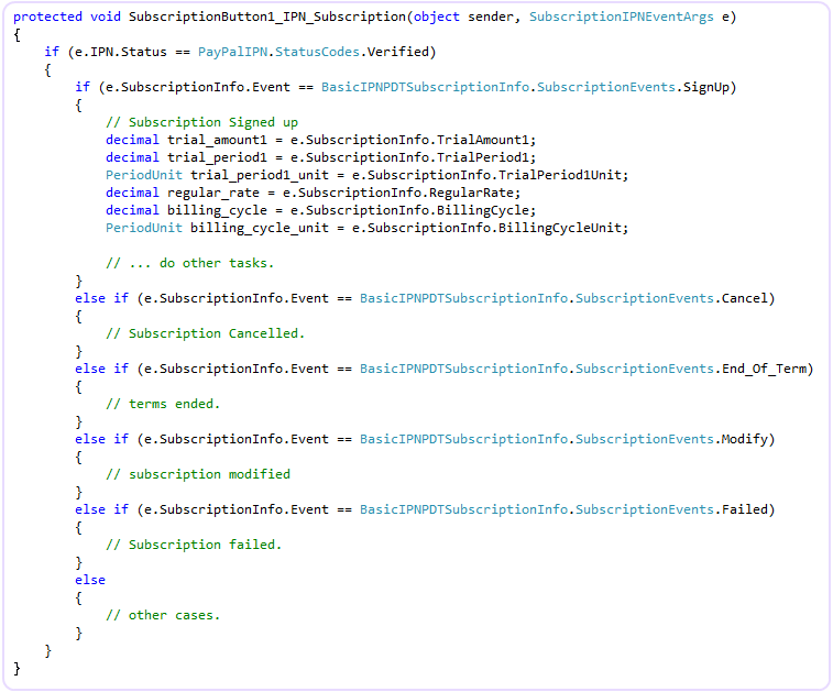 C# IPN_Notified event handler for the Subscription Button reading subscription id, subscriber name and lifecycle action (signup, cancel, eot) from the strongly-typed event args.