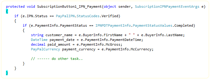 C# IPN handler reading subscription payment transaction data (subscription id, transaction id, gross, payment cycle) for each recurring payment notification from PayPal.