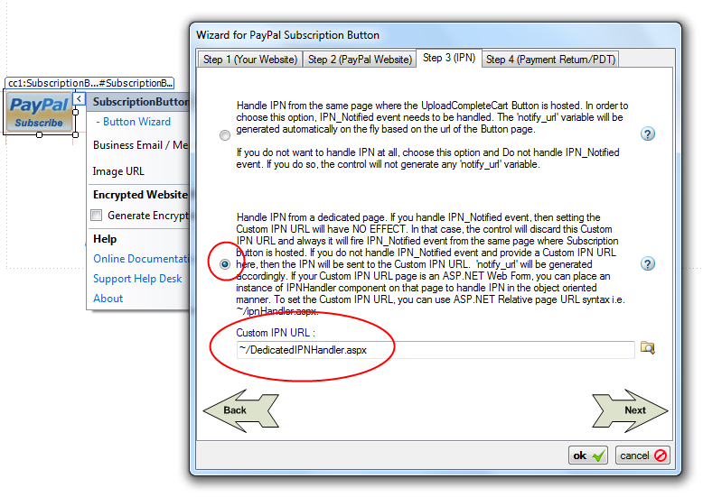 Step 3 (IPN) of the Subscription Button Wizard with the dedicated-page option selected and a Custom IPN URL pointing to a dedicated IPN handler page.