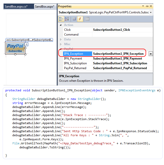 IPN_Exception event handler in C# for the Subscription Button writing exception message, stack trace, response status code and form keys to a debug trace file.