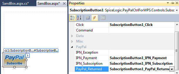 Visual Studio Properties pane Events tab showing the Subscription Button's PayPal_Returned event bound to a handler method.