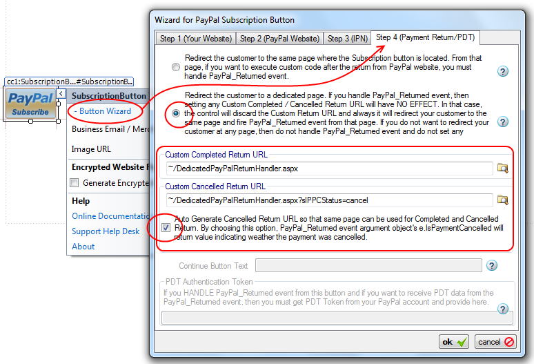 Step 4 (Payment Return/PDT) of the Subscription Button Wizard with custom Completed and Cancelled Return URLs.