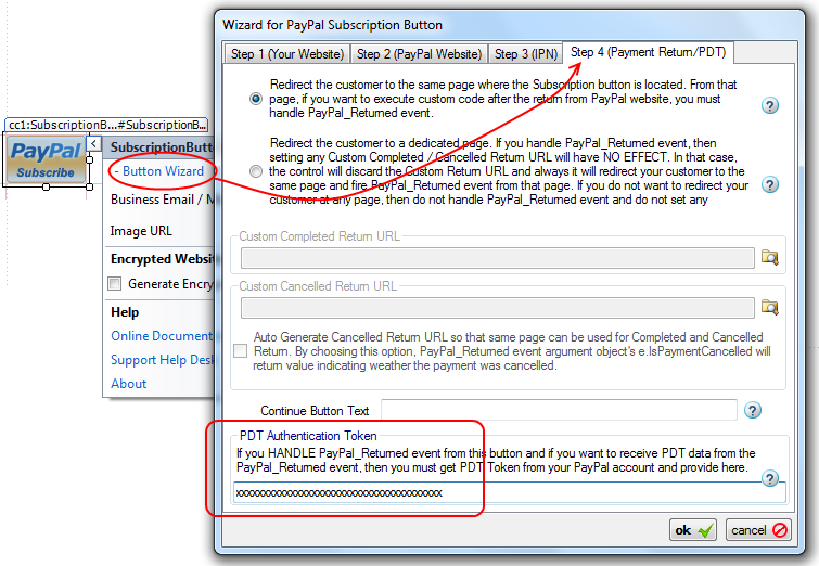 Step 4 of the Subscription Button Wizard with arrows highlighting the PDT Authentication Token field, used to retrieve Payment Data Transfer information from PayPal.