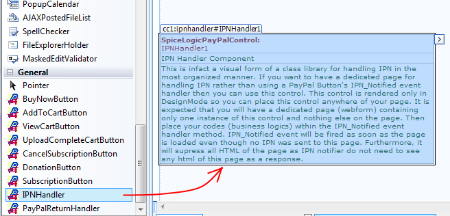IPN Handler Component dropped onto a dedicated ASP.NET Web Form in the Visual Studio designer with the PayPal controls toolbox visible on the left.