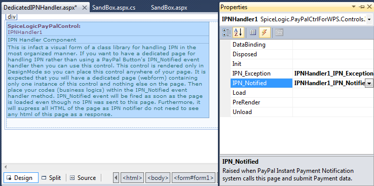 Visual Studio Properties pane Events tab showing the IPN Handler Component's IPN_Notified event bound to a handler method.