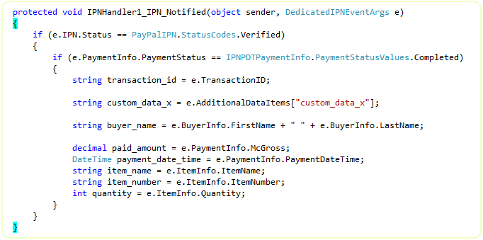 C# IPN_Notified event handler on the standalone IPN Handler Component reading transaction id, gross amount, payer info and item details from the strongly-typed event args.