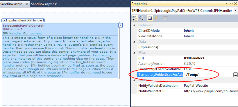 C# code setting the IPN Handler Component's TempFolder property at runtime to a custom writable directory.