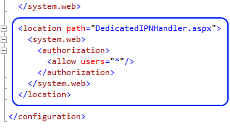 web.config authorization element granting anonymous access to the IPN handler page so PayPal's notification service can post to it on ASP.NET Membership-protected sites.
