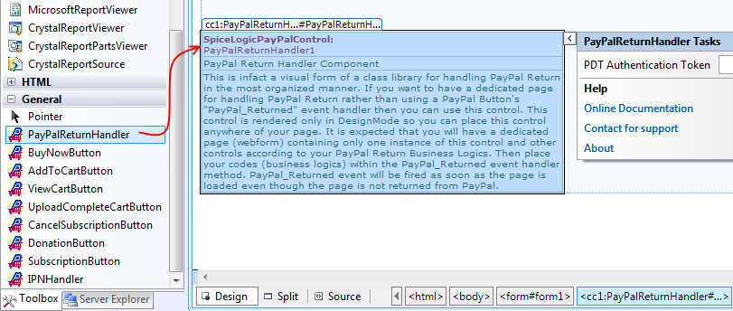 PayPal Return Handler Component dropped onto a dedicated ASP.NET Web Form in the Visual Studio designer with the PayPal controls toolbox visible on the left.