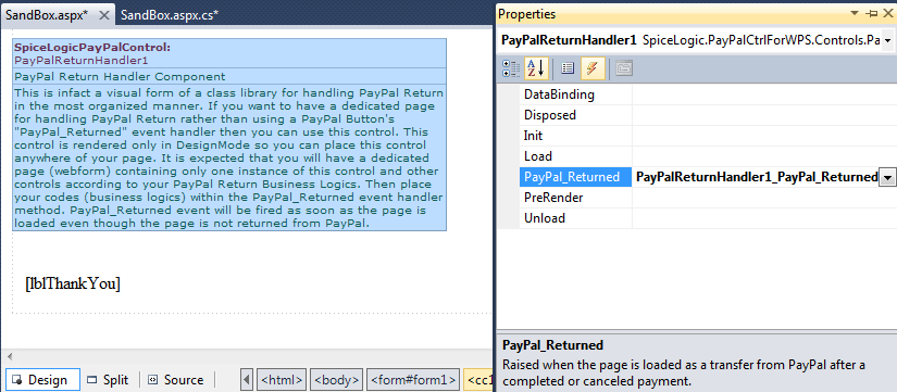Visual Studio Properties pane Events tab showing the PayPal Return Handler Component's PayPal_Returned event bound to a handler method.