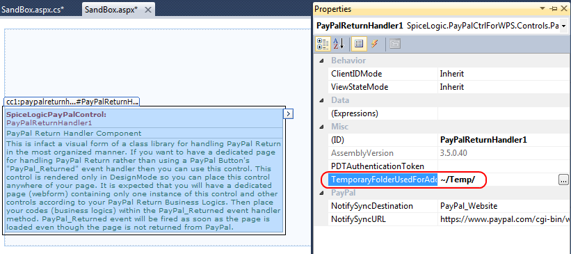 C# code setting the PayPal Return Handler Component's TempFolder property at runtime to a custom writable directory.