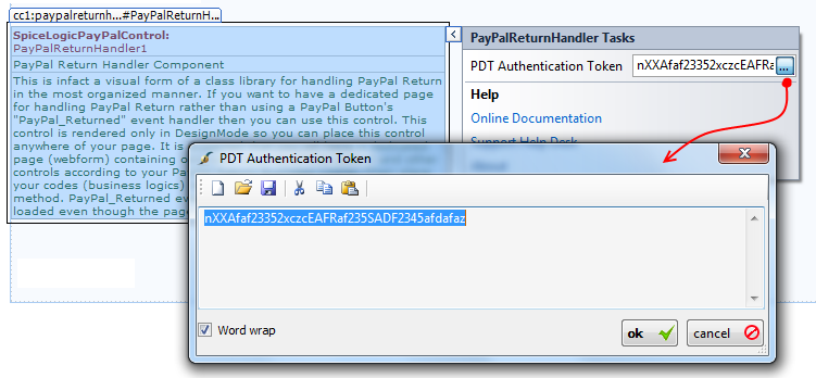 Visual Studio Properties window with the PayPal Return Handler Component's PDT Authentication Token property filled in so PDT data can be retrieved from PayPal on return.