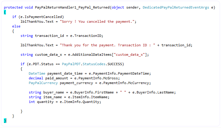 C# PayPal_Returned event handler on the standalone PayPal Return Handler Component reading PDT data (date, transaction id, gross, buyer, item) on success.