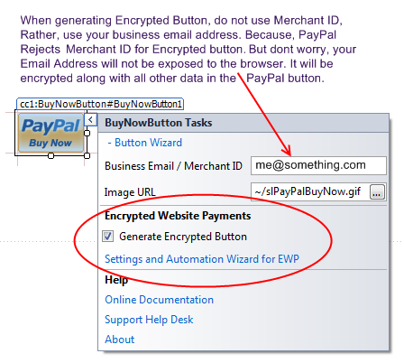 PayPal button Smart Tag highlighting the 'Settings and Automation Wizard for EWP' link that launches the wizard for configuring the four required EWP credentials.