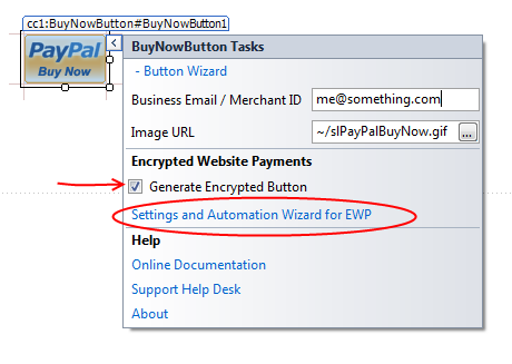 Buy Now button Smart Tag with the 'Generate Encrypted Button' option ticked, which exposes the link to launch the built-in EWP wizard.
