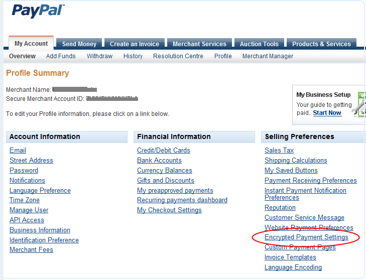 PayPal account Profile Sub tab with the Seller Preferences column expanded, highlighting the 'Encrypted Payment Settings' link that opens the EWP configuration page.