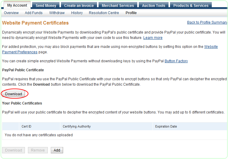 PayPal Encrypted Payment Settings page scrolled to the PayPal Public Certificate section with the Download button that delivers paypal_cert_pem.txt for the App_Data folder.